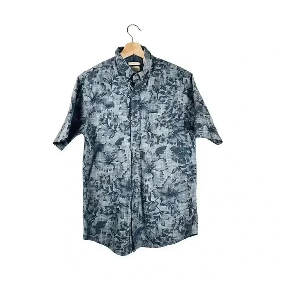 Haggar Men's M Blue Batik Leaf Print Short Sleeve Fitted Button-Up Shirt - Picture 1 of 7